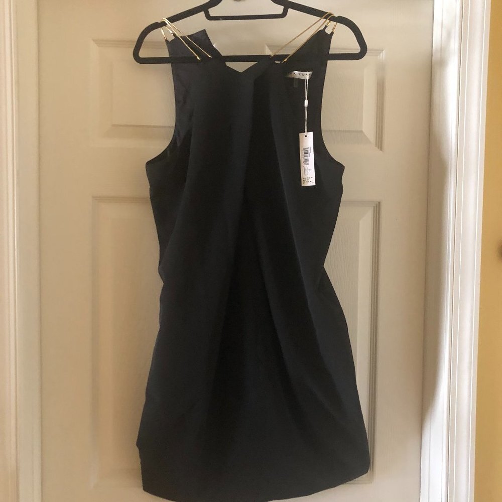 Trina Turk black Bimyou Pleated Solid Smoothie Halter Dress w/Metal Straps SZ 12